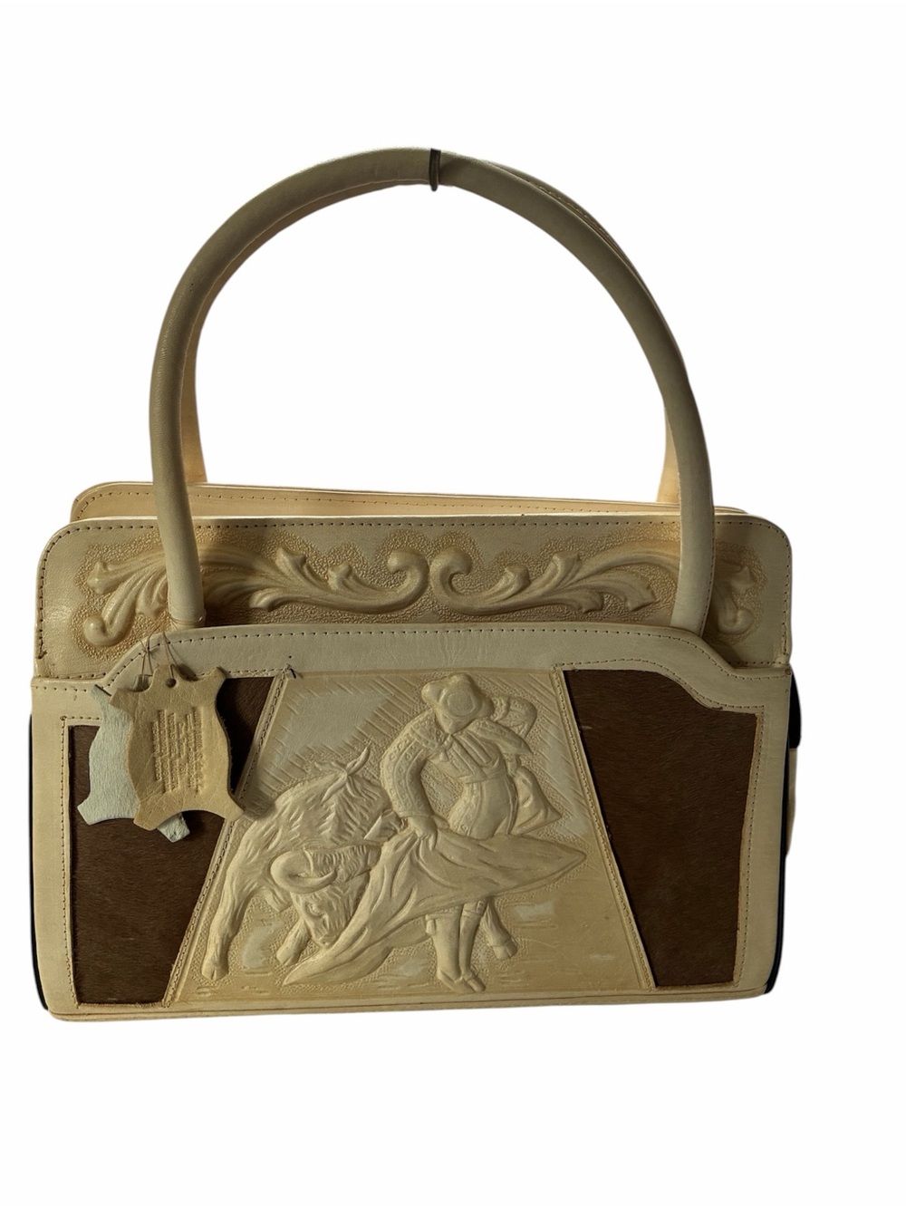 Vintage Mexican Hand Tooled Leather Hide  and Cow Hair 1970s Bag